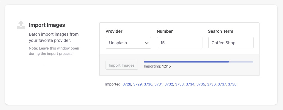 Batch image importing screen during the import process.